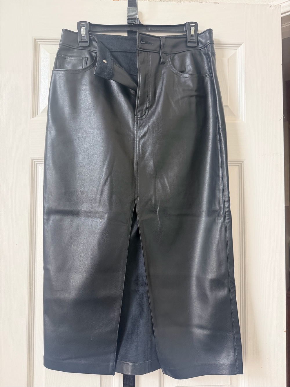 Express Black Faux Leather Midi Skirt with Front Slit